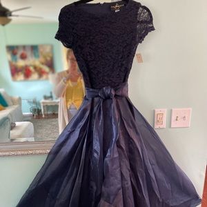 Sapphire, formal dress with embroidered bodice and sash and crinoline size 2.